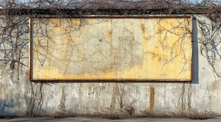 Poster - A weathered map mounted on a concrete wall, surrounded by vines, suggesting abandonment.