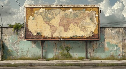 Poster - A weathered billboard displaying a world map against a faded wall, surrounded by overgrown grass.