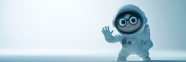 Poster - A cute cartoon character in a spacesuit waves against a soft, light background.