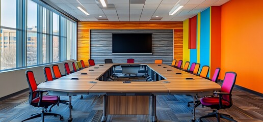 Poster - Modern conference room with a large table and colorful walls.