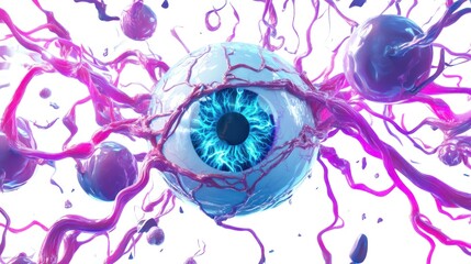 Poster - A surreal depiction of an eye surrounded by vibrant, swirling tendrils and spheres.