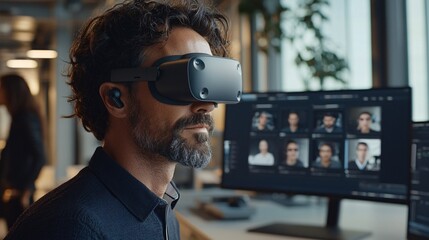 Poster - A futuristic workspace showcasing professionals using AR headsets for real-time collaboration Stock Photo with side copy space