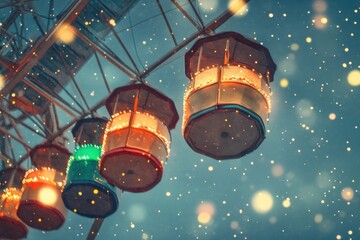 Aufkleber - Colorful ferris wheel cabins illuminated in snowfall.