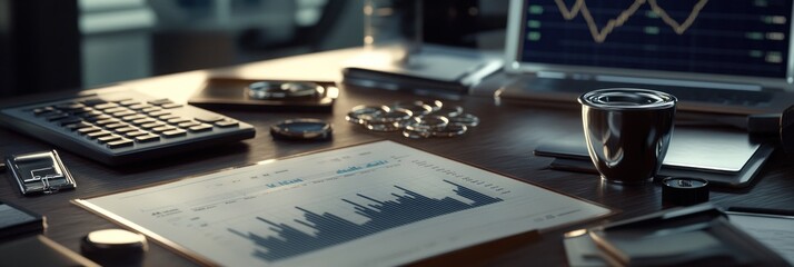 Aufkleber - A workspace featuring financial charts, a calculator, and coffee, indicating business analysis.