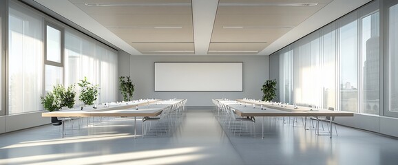 Poster - Modern conference room with long tables and large windows.
