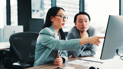 Poster - Meeting, manager and Asian business people on computer with feedback, review and help for online project. Office, corporate and worker with boss for teamwork, collaboration and discussion in Japan