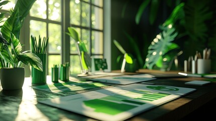 Poster - A bright workspace filled with green plants and documents, emphasizing nature and productivity.