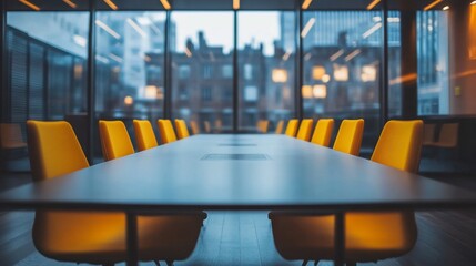 Poster - Modern conference room with yellow chairs and a city view.