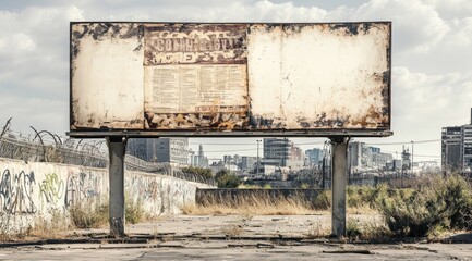 Poster - An abandoned billboard stands in a desolate urban area, showcasing decay and neglect.