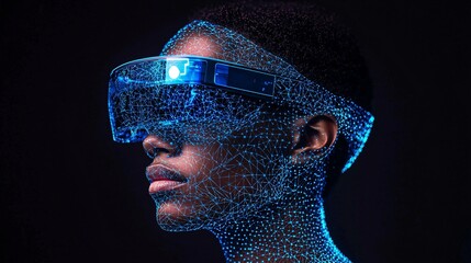 Aufkleber - An abstract visualization of AR and VR devices connected in a seamless digital network Stock Photo with side copy space