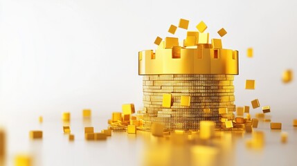 Poster - A stack of gold coins topped with a crown, surrounded by floating cubes, symbolizing wealth.