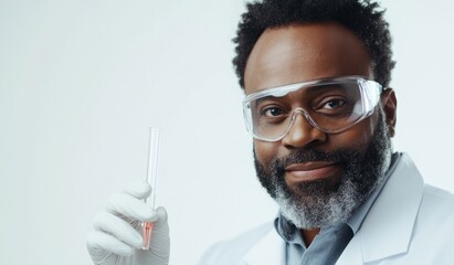 Poster - A smiling scientist in a lab coat holds a test tube, showcasing a scientific experiment.