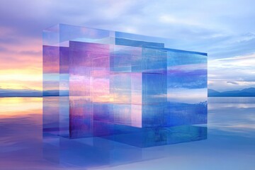 Poster - Abstract geometric shapes reflecting a colorful sunset over a calm water surface.