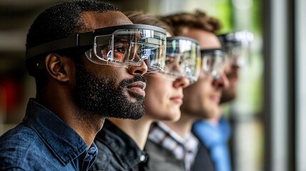 Poster - A team of researchers using AR tools to simulate and analyze scientific experiments Stock Photo with side copy space