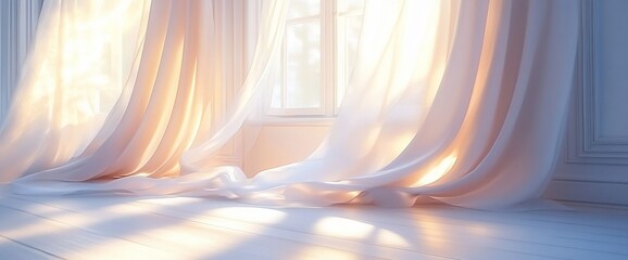 Poster - Soft sunlight filters through sheer curtains in a serene interior space.