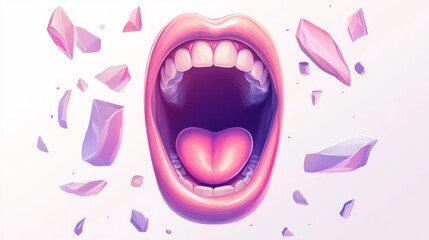 Poster - A surreal depiction of an open mouth surrounded by floating geometric shapes.