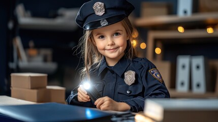 Aufkleber - A young girl dressed as a police officer, smiling and holding a flashlight in a cozy setting.