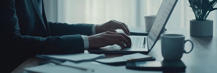 Aufkleber - A person typing on a laptop at a desk with documents and a coffee cup.