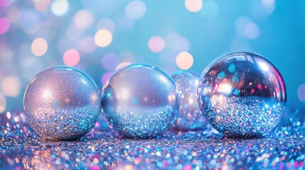 Poster - A vibrant arrangement of sparkling spheres on a glittery surface with a colorful bokeh background.
