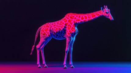 Poster - A stylized, neon-colored giraffe against a dark background, showcasing artistic design.
