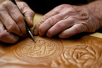 Aufkleber - A close-up of hands engraving a design on leather, showcasing craftsmanship and artistry.