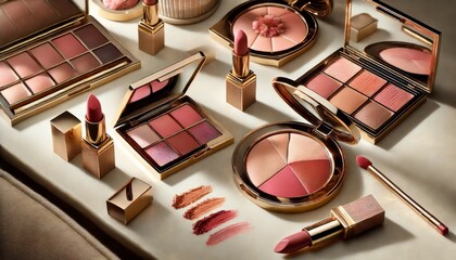 Elegant makeup collection featuring lipsticks, blush palettes, and eyeshadows in gold packaging, arranged beautifully with swatches on display.