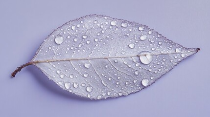 Poster - A close-up of a translucent leaf with water droplets on a soft purple background.