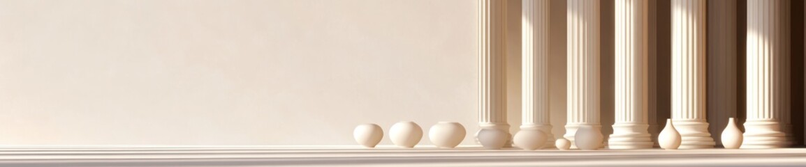 Poster - A minimalist scene featuring eggs and classical columns, evoking simplicity and elegance.
