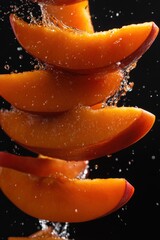 Poster - Slices of peach splashing in water against a black background, highlighting freshness and texture.