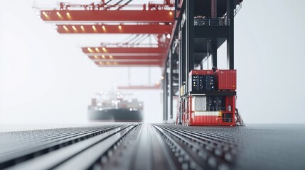 Poster - A foggy port scene with cranes and containers, emphasizing industrial transport operations.