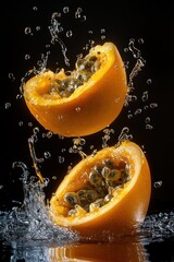 Poster - A vibrant passion fruit split open, releasing juice and seeds, captured in mid-air splash.