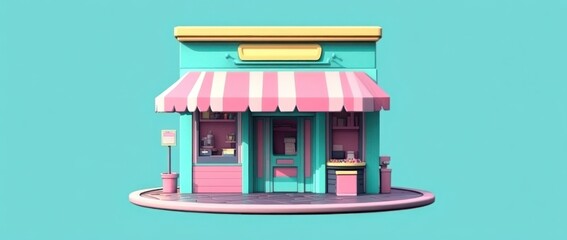 Poster - A colorful, stylized shop with a striped awning and decorative elements.