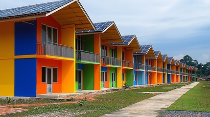 Poster - A community project integrating solar panels into residential areas for shared energy use Stock Photo with side copy space