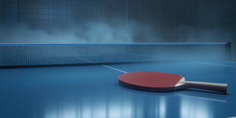 Aufkleber - A ping pong paddle rests on a blue table, with a net and mist in the background.