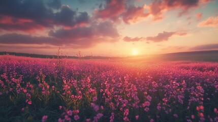 Canvas Print - A beautiful sunset over a field of wildflowers.