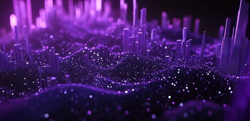 Poster - Abstract representation of a digital landscape with glowing purple structures and particles.