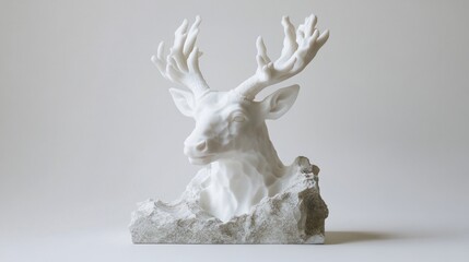 Poster - A white sculpture of a deer head with antlers, set on a rocky base.