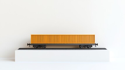 Poster - A minimalist model of an orange train freight car on a display platform.