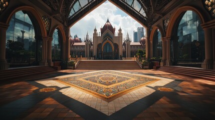 Leinwandbilder - A grand architectural space with intricate flooring and a majestic building in the background.