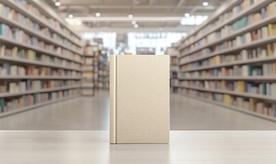 Poster - A blank book on a table with a library background.