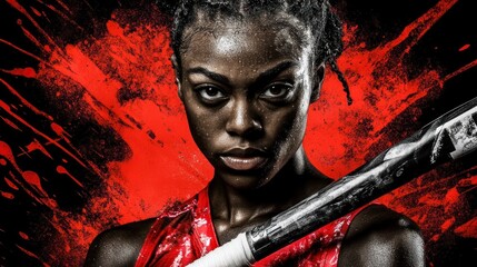 Poster - A fierce athlete poses with a bat against a dramatic red backdrop, showcasing strength and determination.