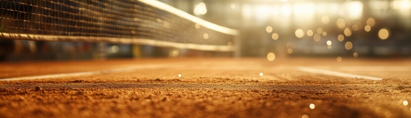 Aufkleber - A close-up view of a tennis court with a net and sunlit background.