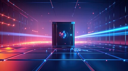 Aufkleber - A futuristic digital environment with glowing lines and a central cube.