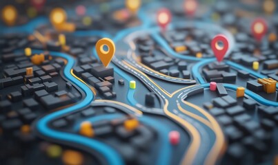 Aufkleber - A colorful 3D map with location markers and winding roads.