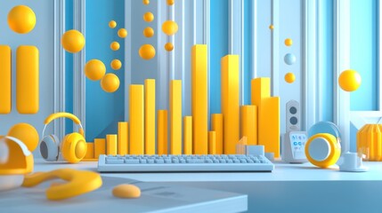 Aufkleber - A colorful, modern workspace with abstract shapes and tech elements.