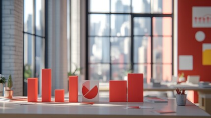 Poster - A modern office space featuring red bar charts and graphs on a table, emphasizing data analysis.