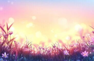 Poster - A serene landscape featuring soft grass and flowers against a colorful, dreamy background.
