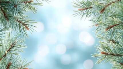 Aufkleber - A serene background of pine branches with a soft blue bokeh effect.