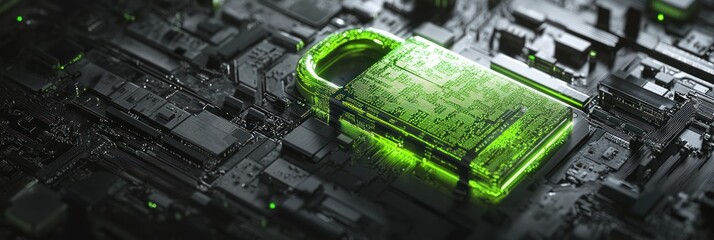 Leinwandbilder - A glowing digital padlock on a circuit board, symbolizing cybersecurity and protection.