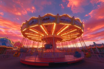 Aufkleber - A brightly lit carousel at sunset, creating a whimsical and nostalgic atmosphere.
